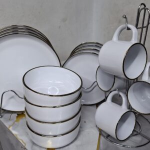 16 Pcs White Dinner Set With Black Rim