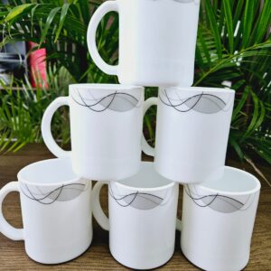 6 Pcs White Ceramic Cups With Grey Artworks at Top