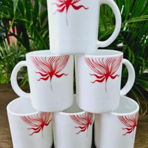 6 Pcs White Ceramic Cups With Red Flower Artwork