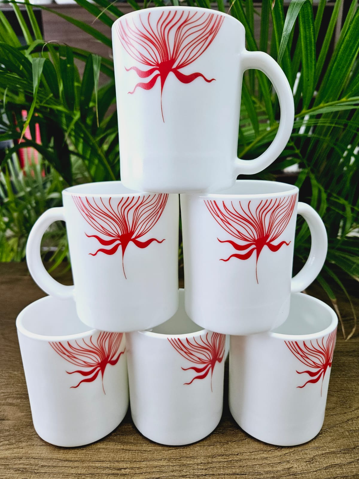 6 Pcs White Ceramic Cups With Red Flower Artwork